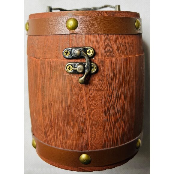 Antique-Style Wooden Barrel Tea Box Brass Handle & Clasp Rustic Brown Finish - Picture 1 of 6
